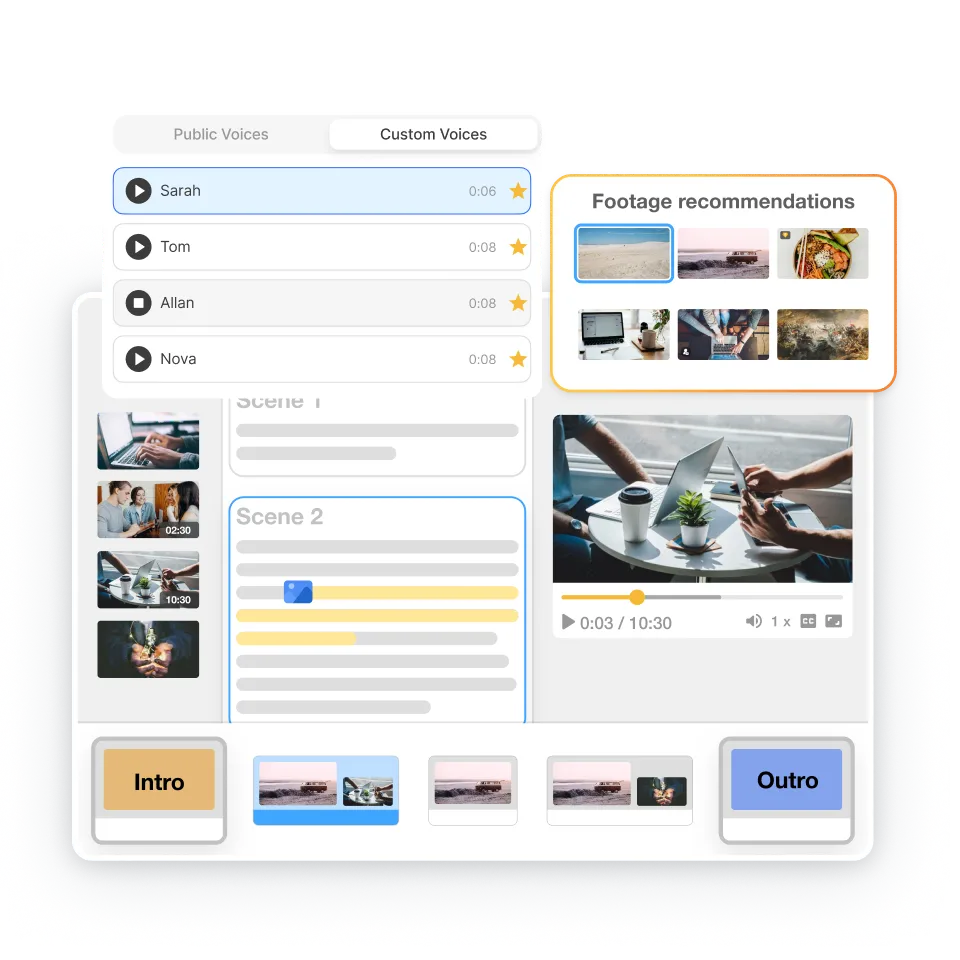 Scene-based editor in Visla refining chapters for a classroom tutorial video creator
